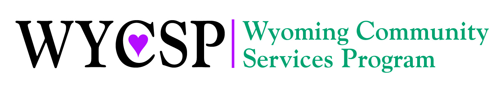 Letters: WYCSP with a pink heart in the middle of the C. The written words: Wyoming Community Services Program