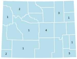 Map of meningococcal meningitis cases in Wyoming by county, 2005-2015