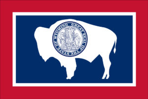 The Wyoming State flag. There are five strips red, white, blude, white, red. The blue strip is the biggest with a profile picture of a white bulffalo and the state seal in the middle.