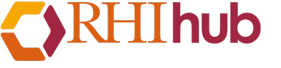 A six sided shape colored yellow, orange and red with the letters RHI hub. 
