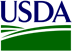 The letters USDA over a graphic design of a green field. 