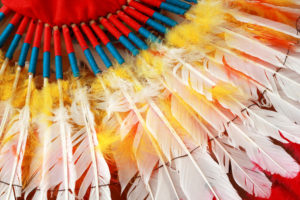 Feathers Splayed in white, orange, red, with a blue center...