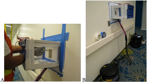 Figure 1. Cut-out box infection prevention control. A is a close up and B is a look at long range perspective.
