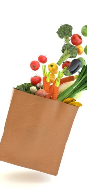 fruits and vegetables in paper sack