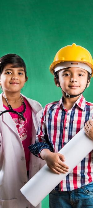 kids dressed as doctor and construction worker