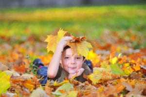 Little boy playing in leaves