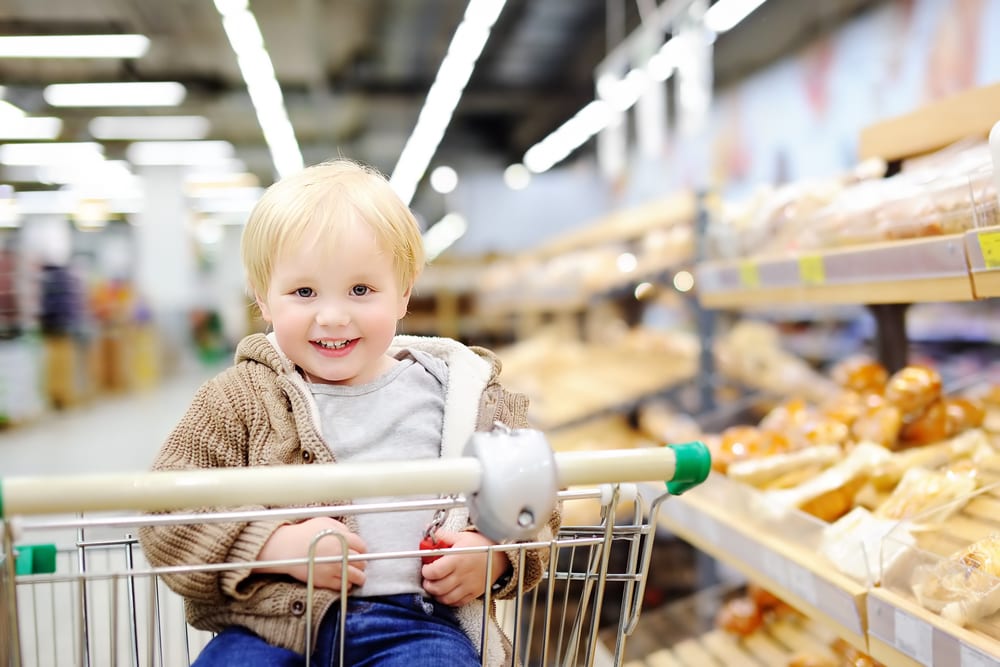 little boy in shopping cart