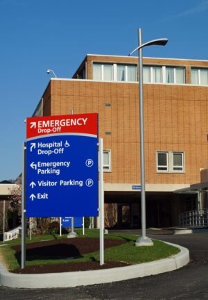 outside of hospital with sign