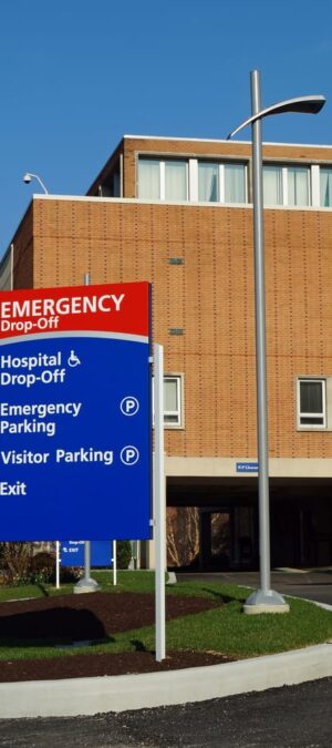 outside of hospital with sign