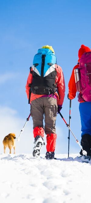 two people with dog in snow