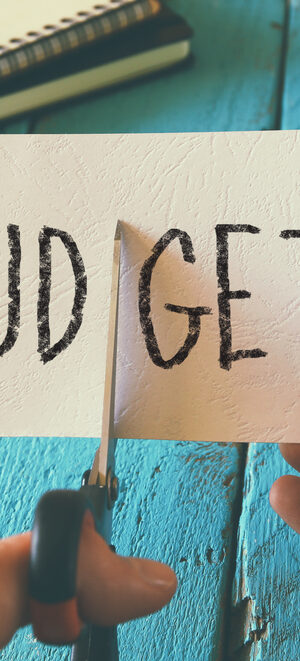 budget cut with table background