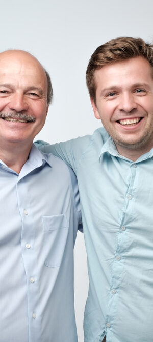 dad and son in blue shirts