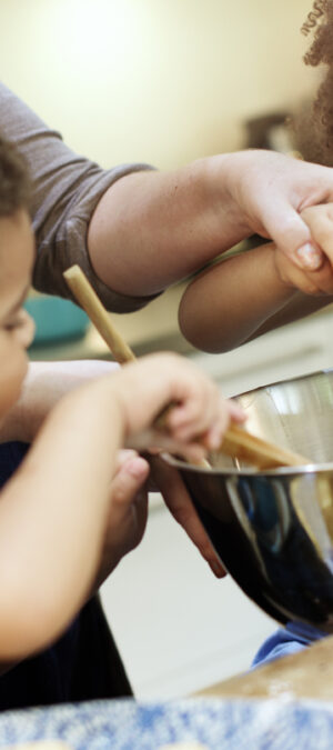 kids with bowl in kitchen