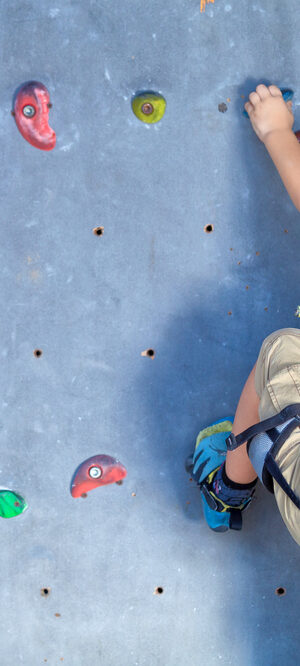 little boy on rock climbing wall