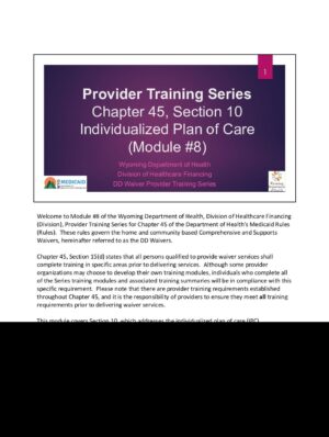 Provider Trainng Series Module #8 – Individualized Plan of Care