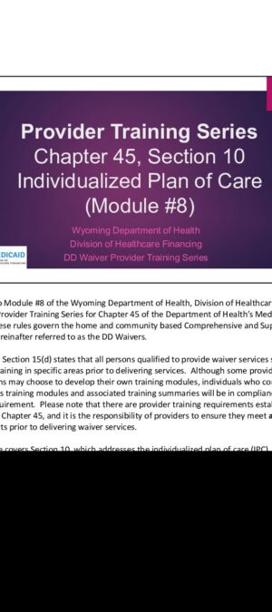 Provider Trainng Series Module #8 – Individualized Plan of Care