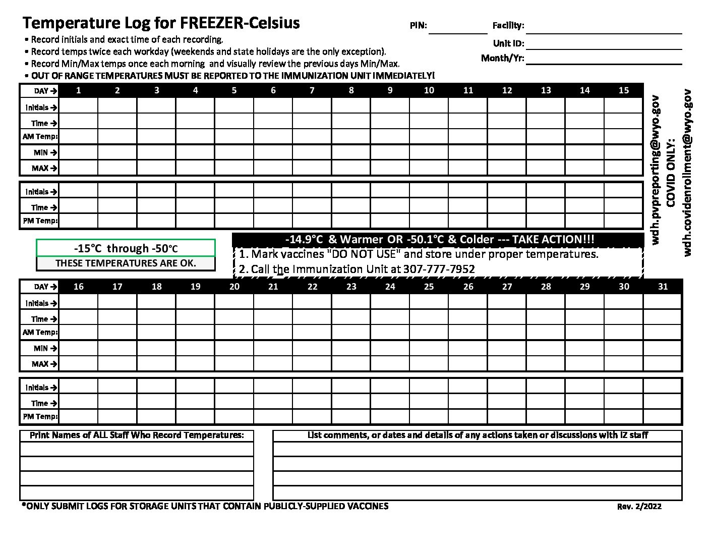 Vaccine-Temperature-Logs-Freezer-REV-2022 - Wyoming Department of Health