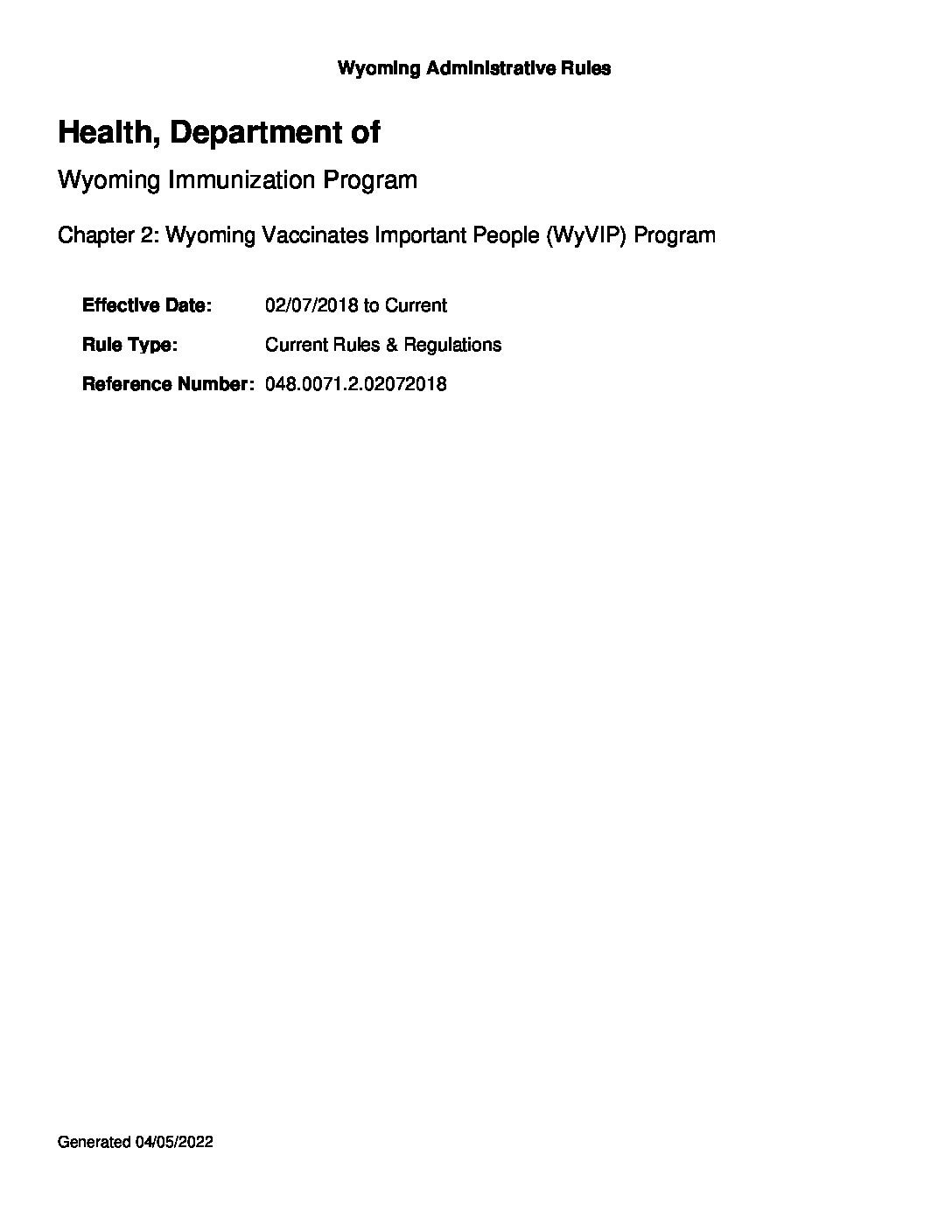 WyVIP rules and regulations 2022 Wyoming Department of Health