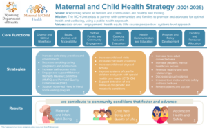 Image depicts maternal and child health core functions, strategies, and results we work toward to improve maternal and infant wellbeing, child wellbeing, and adolescent health and safety.