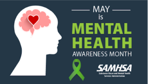 May is Mental Health Awareness Month with green ribbon and SAMHSA logo