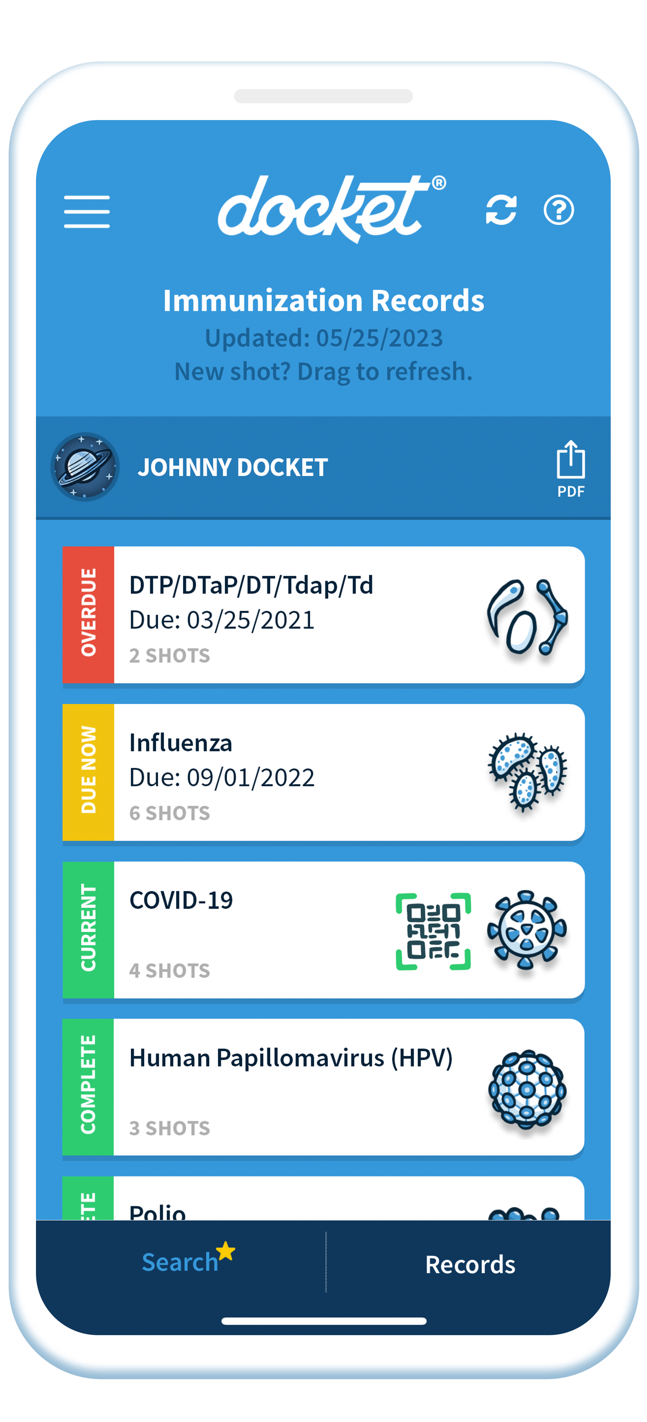 Image of a cell phone screen with Docket application showing vaccine record.