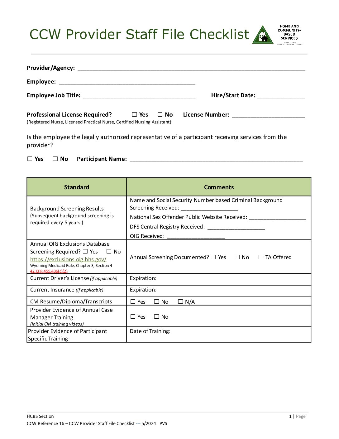 CCW Reference 16 CCW Provider Staff File Checklist Wyoming