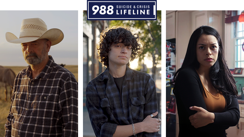 a portrait of 3 people, a old man in a cowboy hat, a young woman with short hair, and a young woman with a black eye. The 988 Suicide Lifeline logo is above them