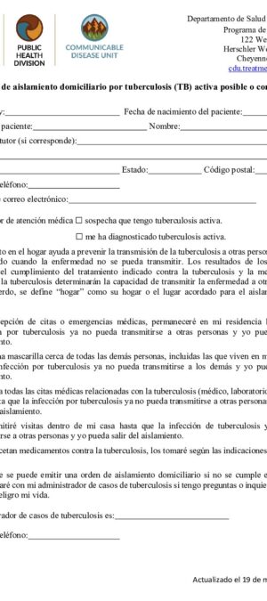 FINAL 2025 Possible or Confirmed Active TB Home Isolation Agreement SPANISH