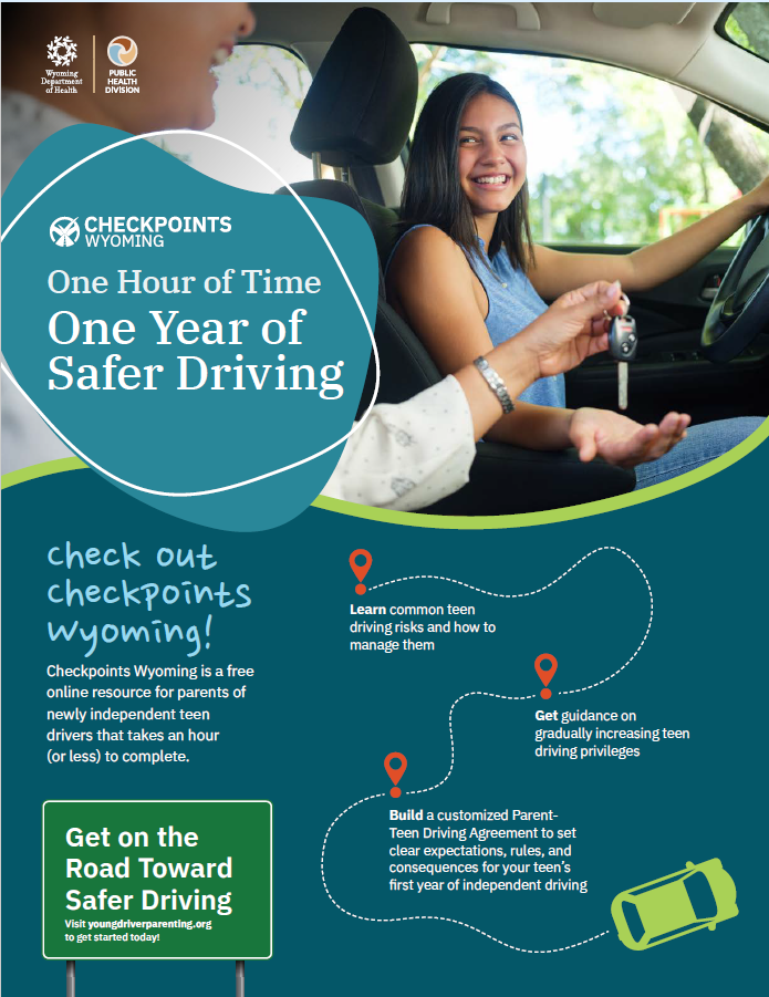 The downloadable flyer shows a parent handing the car keys to a smiling teenaged driver. The flyer says "One hour of time, one year of safer driving" and directs parents to visit youngdriverparenting.org